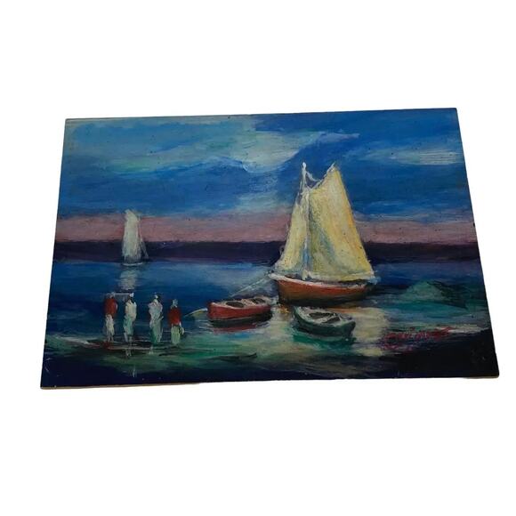 Early 21st Century Argentine Small Oil on Board Boats on the Lake Artist Signed - Picture 12 of 13